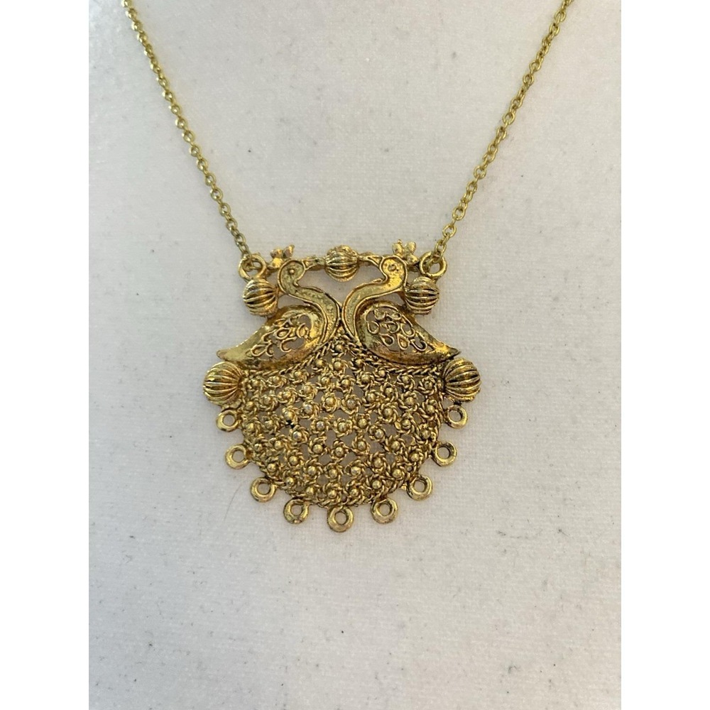 Vintage Gold Tone Peacock Necklace Ornate Filigree Pendant Egyptian Revival